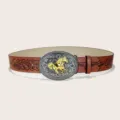 Ceinture en cuir marron embossé style cowboy occidental avec une boucle ovale cheval doré. - Style 3 : boucle argentée 3,8 cm + ceinture marron foncé
