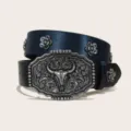 Western cowboy style PU leather belt featuring a large bull skull buckle and floral metal studs. - Size S 105cm / A-01 Silver Buckle Black Belt (Floral Studs)