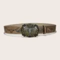 Ceinture en cuir marron style cowboy occidental avec boucle tête de taureau et motifs gravés - Style 6 : boucle en or antique 3,8 cm + ceinture kaki