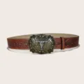 Ceinture en cuir marron style western femme avec grande boucle en métal tête de taureau. - Style 6 : boucle en or antique 3,8 cm + ceinture marron foncé