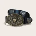 Western style black PU leather belt with antique brass bull skull buckle and silver heart studs. - Size S 105cm / A-02 Silver Buckle Black Belt (Heart Studs)