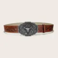 Ceinture en cuir marron style western avec grande boucle tête de taureau argentée. - Style 7 : boucle argentée 3,8 cm + ceinture marron foncé