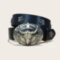 Black PU leather western cowboy belt with bull skull buckle and flower metal rivets variant - Size S 105cm / B-01 Gold Buckle Black Belt (Floral Studs)