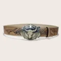 Ceinture en cuir marron gaufré tête de taureau style cowboy occidental pour femmes. - Style 8 : boucle dorée 3,8 cm + ceinture kaki