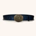 Dunkelblaue Damen PU Ledergürtel mit floraler Prägung und antikem Messing Schnalle. - Stil 3 / 105cm / Goldschnalle + Schwarzer Gürtel