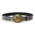 Vintage distressed floral embossed leather belt with large statement oval brass buckle for daily wear. - 105cm / Style B / Gold Buckle + Silver Embossed Belt