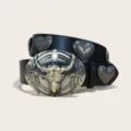 Western vintage style black PU leather belt with metal bull skull buckle and heart conchos. - Size S 105cm / B-02 Gold Buckle Black Belt (Heart Studs)
