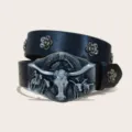 Cintura in pelle PU stile western cowboy fibbia toro rivetti floreali nero unisex - Taglia S 105cm / C-01 Fibbia Argentata Cintura Nera (Rivetti Floreali)