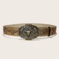 Ceinture de cow-boy occidentale marron avec boucle de crâne de taureau et motif floral. - Style 7 : boucle en or antique 3,8 cm + ceinture kaki