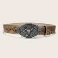 Ceinture en cuir marron style cowboy occidental avec boucle tête de taureau et lanière florale. - Style 7 : Ceinture kaki avec boucle argentée de 3,8 cm