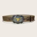 Ceinture style western cowboy marron avec grande boucle tête de taureau pour femmes et robes - Style 6 : Ceintures kaki avec boucle argentée de 3,8 cm