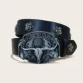 Cintura in pelle stile cowboy occidentale con fibbia testa di toro e rivetti a fiore - Taglia S 105cm / D-01 Fibbia Argentata Cintura Nera (Rivetti Floreali)