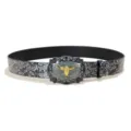 Vintage western leather belt with gold bull head buckle and silver embossed floral strap design. - 105cm / Style E / Silver Buckle + Silver Embossed Belt