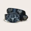 Cintura in pelle PU stile western con fibbia teschio di toro e rivetti per jeans moda - Taglia S 105cm / D-02 Fibbia Argentata Cintura Nera (Rivetti Cuore)