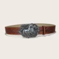 Ceinture en cuir marron style western avec grande boucle argenteé à chevaux et motifs. - Style 4 : boucle argentée de 3,8 cm et ceinture marron foncé