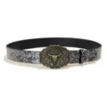 Vintage Bull Head Buckle Embossed Belt Black Leather Western Style Fashion Accessory - 105cm / Style F / Gold Buckle + Silver Embossed Belt