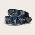 Cintura in pelle PU nera stile western con fibbia a tripla testa di toro e rivetti a cuore. - Taglia S 105cm / E-02 Fibbia Argentata Cintura Nera (Rivetti Cuore)