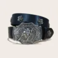 Cintura in pelle PU nera stile western con grande fibbia da toro argentata e borchie floreali. - Taglia S 105cm / F-01 Fibbia Argentata Cintura Nera (Rivetti Floreali)