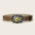 Ceinture en cuir marron style occidental avec lanière embossée taureau et boucle cheval. - Style 5 : boucle argentée de 3,8 cm et ceinture kaki