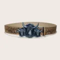 Ceinture style western marron avec grande boucle tête de taureau argentée et motif. - Style 11 : boucle argentée de 3,8 cm + ceinture kaki
