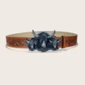 Ceinture en cuir marron avec boucle de tête de taureau vintage, sangle gaufrée style western. - Style 11 : boucle argentée de 3,8 cm et ceinture marron foncé