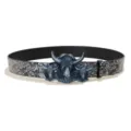 Retro bull head buckle embossed leather belt for men and women, vintage ethnic waist accessory. - 105cm / Style K / Silver Buckle + Silver Embossed Belt