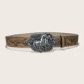 Ceinture marron style cow-boy western avec motif de tête de taureau et boucle cheval argentée. - Style 4 : boucle argentée de 3,8 cm et ceinture kaki