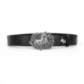 Black leather belt featuring a detailed metallic horse buckle and cute dog emblem accessory. - Style 18: 3.8cm Silver Buckle + Black Belt [Horse Head Rivets]