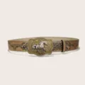 Vintage Western Cowboy PU Belt with Silver Horse Buckle and Embossed Longhorn Design - Style F Gold Buckle / 105cm / Khaki