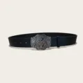 Western cowboy style bull buckle black PU leather belt featuring embossed floral design for adults - Style 12 (3.8cm Silver Buckle)