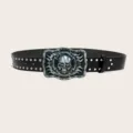 Punk style black leather belt with cool skull buckle and metal rivets for men jeans outfit. - Style F (Flame Skull)