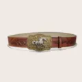 Vintage Western Cowboy PU Leather Belt with Retro Horse Metal Buckle and Embossed Floral Pattern. - Style F Gold Buckle / 105cm / Brown