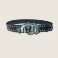 Men's punk style black leather belt with cool skull fist buckle and metal rivets for casual denim. - Style G (Skull Holding Money)