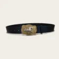 Western cowboy PU leather belt with horse metal buckle and floral embossed design for daily wear. - Style 17 (3.8cm Gold Buckle)