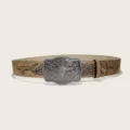 American vintage Y2K western cowboy bull head buckle PU embossed leather belt for men women - Style H Silver Buckle / 105cm / Khaki