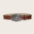 Western Cowboy Bull Head Buckle Belt Brown PU Leather Variant Vintage Style Fashion Accessory - Style H Silver Buckle / 105cm / Brown