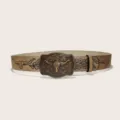 Western vintage Y2K bull head buckle embossed PU leather belt trendy apparel accessory - Style H Gold Buckle / 105cm / Khaki