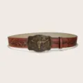 Vintage Western Cowboy Bull Buckle PU Embossed Belt Retro Y2K Style Leather Belt for Men Women - Style H Gold Buckle / 105cm / Brown