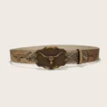 Vintage western cowboy PU leather belt with bull head metal buckle for trendy daily wear. - Style J Gold Buckle / 105cm / Khaki