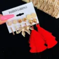 Detail view of 6-pair Bohemian earring set featuring vibrant red tassels and gold-tone studs - Red Bohemian Style Collection (5119906) / 6 Pairs Set