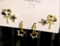 Superbe ensemble de 6 boucles d'oreilles avec cœurs et étoiles dorés et zircone - Ensemble Zirconia Cœur Étoile Or Noir (5823402)