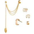 Elegante conjunto de ear cuffs dorados minimalistas con pendientes de hoja colgante - Set de Colgantes Vinculados Dorados de 5 Piezas (5249101) / Dorado