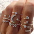 Ensemble de 9 bagues bohèmes vintage en alliage d'argent avec motifs étoile et lune - Style Mixte Vintage (5923002) / Pack de 9 Pièces / Argent