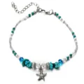 Bohemian starfish anklet with turquoise beads and crystal accents on a white background - Cyan Blue Series