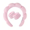 Soft pink plush spa headband and matching wristbands set for face washing - Three-Piece Set / Pink