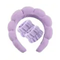 Soft purple sponge spa headband and plush wristband set for facial washing and skincare - Purple