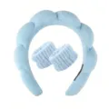 Light blue plush sponge headband and wristband set for facial washing and skincare - Blue