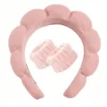 Soft pink plush sponge headband and matching wristband set for face washing and skincare - Flesh Pink