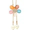 Elegant colorful flower cat eye stone pendant necklace with dangling white pearls for women - F0153 Style / Multicolor Cat's Eye