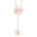 Elegant gold-tone long sweater necklace featuring pink daisy and crystal snowflake pendants. - Sunflower Style / F0156 Crystal Sunflower